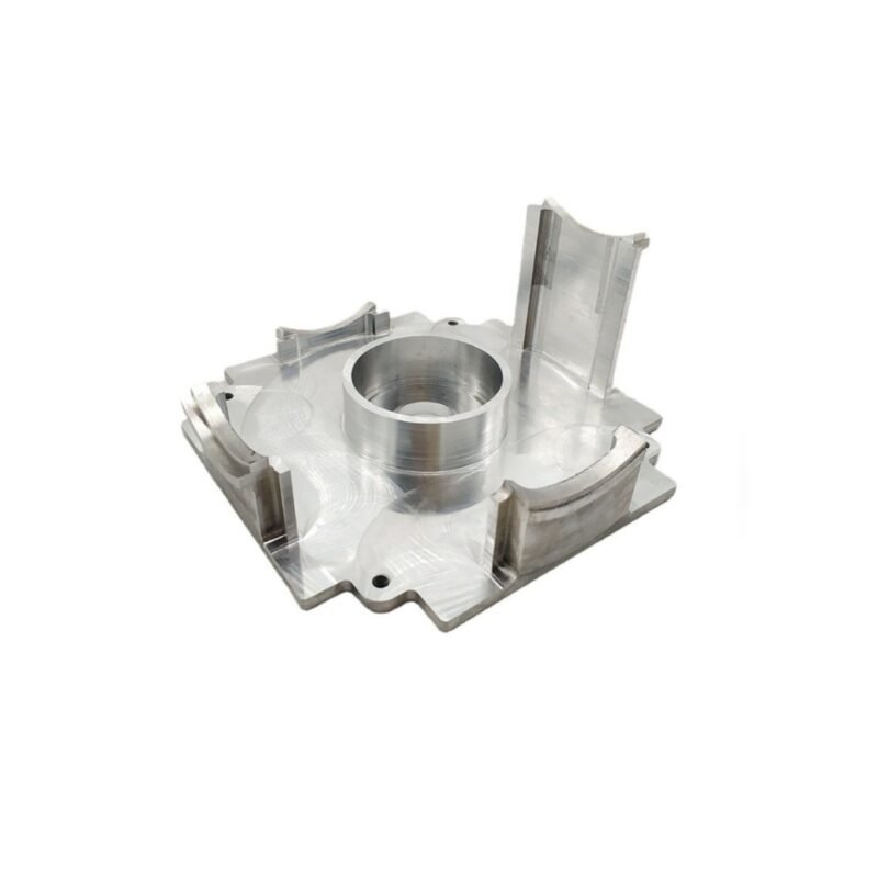 CNC-machined aluminum housing part for transistor-based automotive and motorcycle electronics.