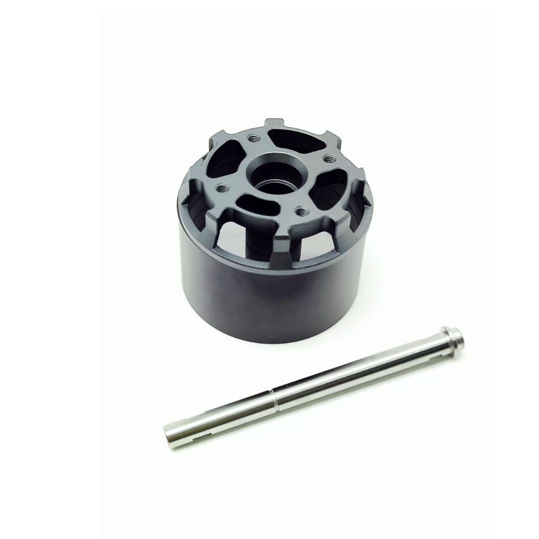 CNC machined rotor housing with stainless steel shaft, ideal for brushless motors.