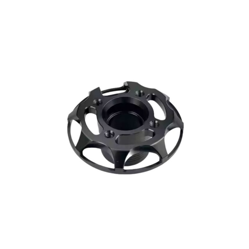 Lightweight CNC aluminum base for drone motors, with anodized finish.