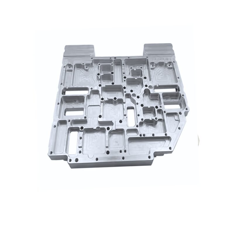 Aluminum machined base plate with multi-level milling for modular electronic assembly.