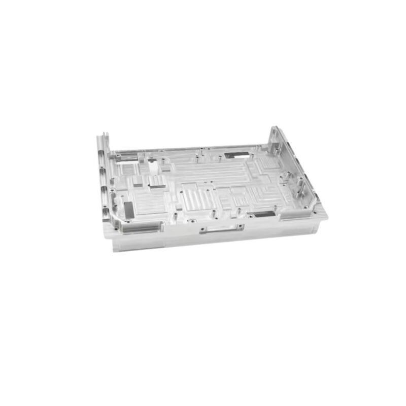 Machined aluminum enclosure bottom for industrial electronics or IoT device.