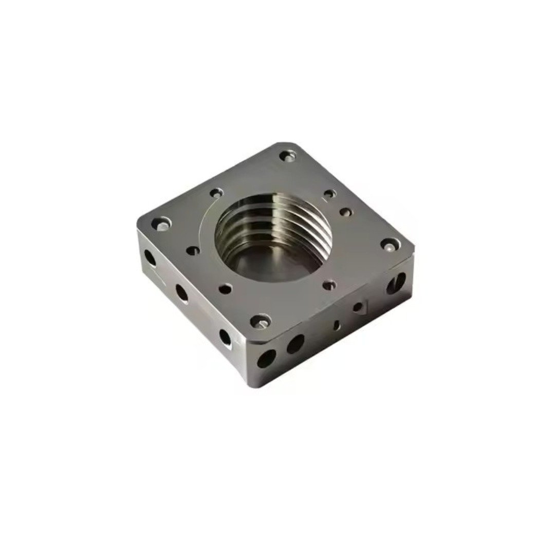 Lightweight titanium bracket CNC milled for aerospace structures.